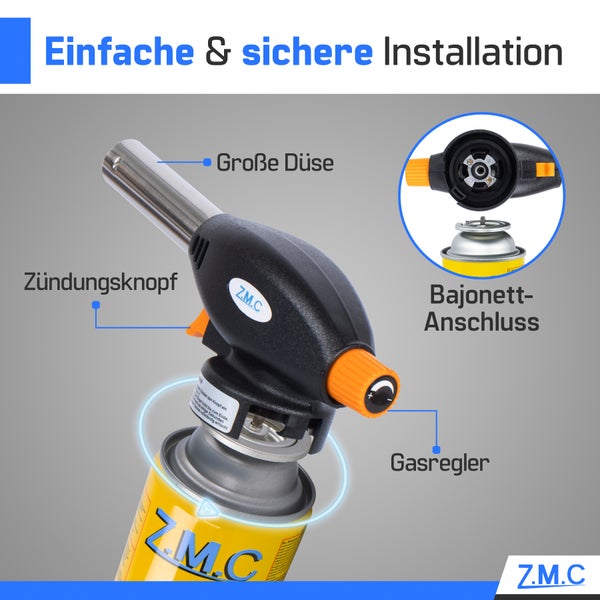 Z.M.C Gasbrenner + 8x Gaskartuschen 227g, Flambierbrenner Temperatur bis zu 1300°C, Schweißbrenner mit Piezo-Zündung, Bunsenbrenner Lötbrenner 1,3 KW, Brenneraufsatz mit einstellbarer Flamme