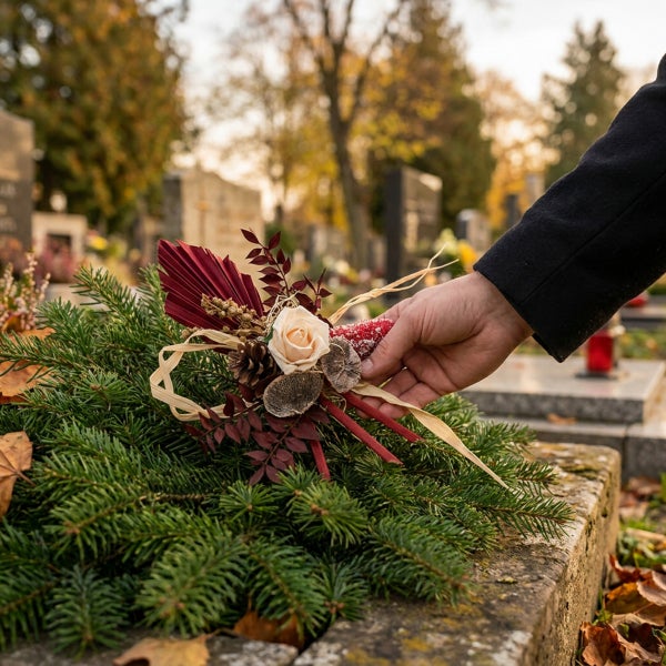 Eine Hand legt ein herbstliches Grabgesteck aus Tannenzweigen, einer Rose, Zapfen und getrockneten Pflanzenelementen auf einen Friedhof.