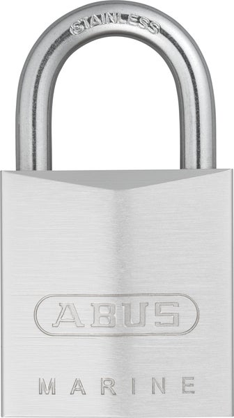 ABUS Vorhangschloss Marine aus Edelstahl mit graviertem Bügel.