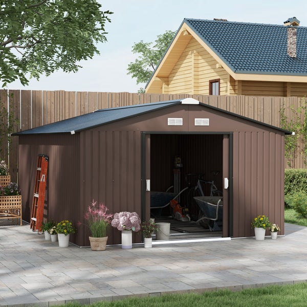 Outsunny Gerätehaus 12,4 m², Gartenhaus mit Pultdach, Schiebetür, Fundament, 386 x 340 x 200 cm, Geräteschuppen aus Verzinkter Stahl, wetterfest, für Garten, Braun