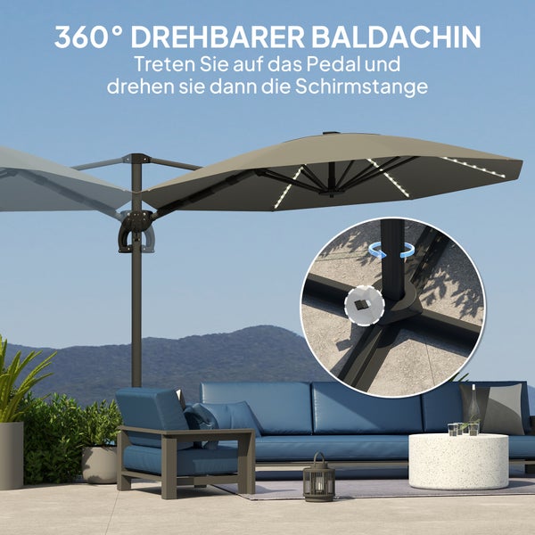 Outsunny Alu Ampelschirm LED Solar Ø300cm höhenverstellbar Sonnenschirm mit Kurbel Ständer UV50+ Wasserabweisend 360° drehbar Marktschirm neigbar Gartenschirm Sonnenschutz für Garten Balkon Dunkelgrau