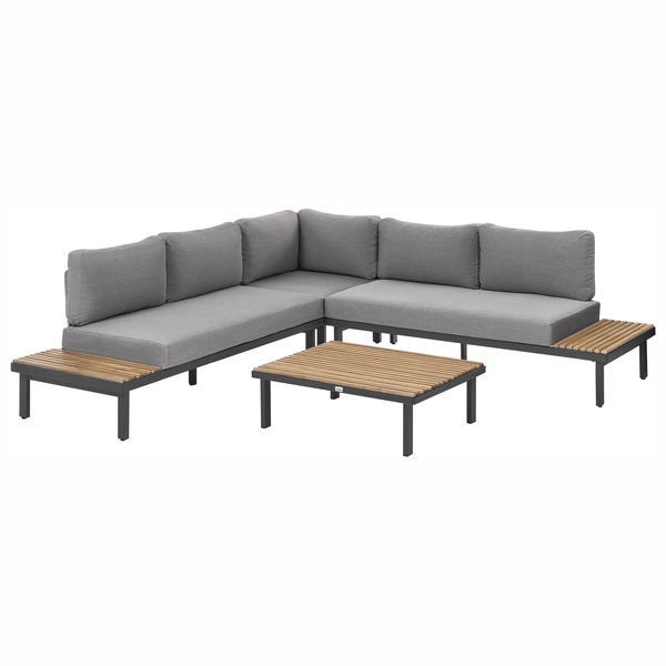 Modulares Lounge Set bestehend aus einer Eckbank mit Polsterauflagen und einem quadratischen Loungetisch mit Holzlatten-Optik und Metallgestell.