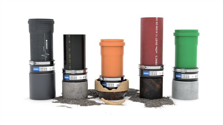 Anwendungsbeispiele für Crassus Steckadapter zur Verbindung von Abwasserrohren aus Kunststoff, Beton, Gusseisen und Steinzeug.