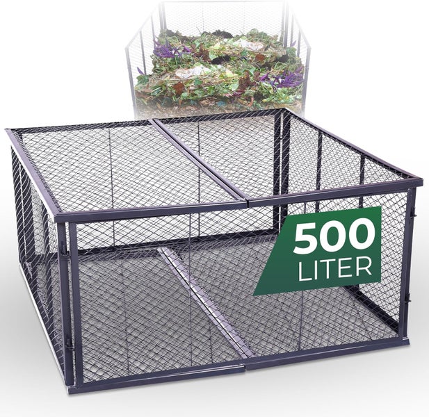 Drahtkomposter aus Metall mit 500 Liter Fassungsvermögen für Gartenabfälle.