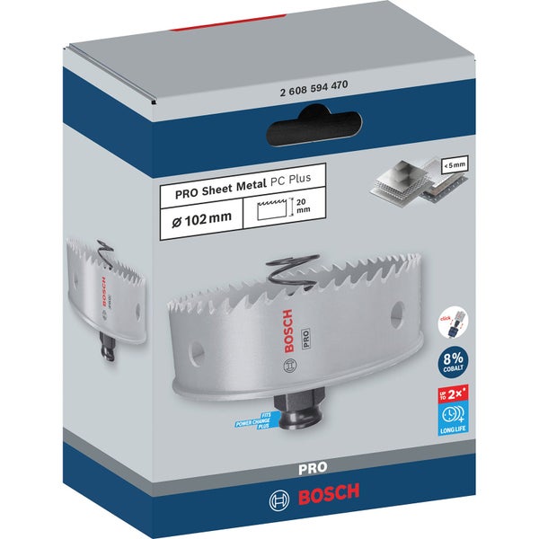 Bosch Pro Sheet Metal Lochsäge mit einem Durchmesser von 102 Millimetern in der Verpackung.