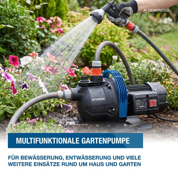 Eine Hyundai Gartenpumpe im Einsatz beim Bewässern eines Blumenbeetes mit angeschlossenem Gartenschlauch und Sprühaufsatz.