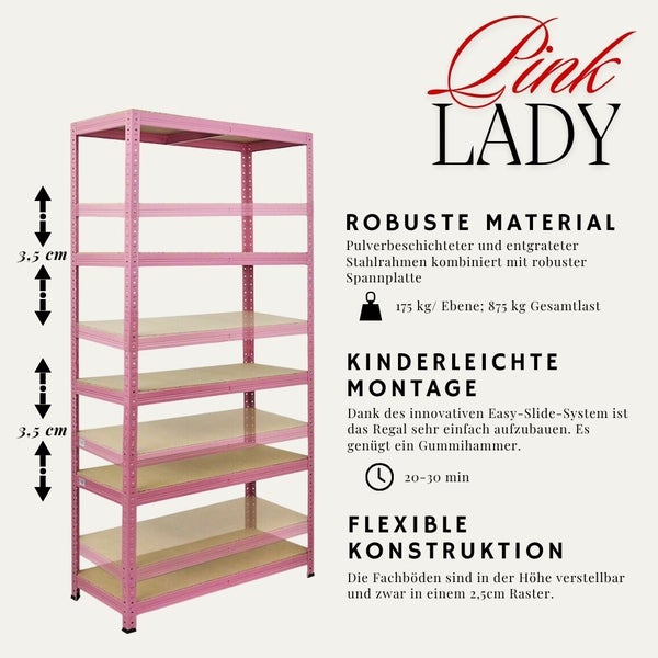 Pink Lady Schwerlastregal aus pulverbeschichtetem Stahl mit fünf höhenverstellbaren Spanplattenböden. Traglast von 175 Kilogramm pro Boden.
