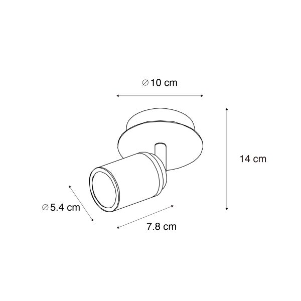 Technische Zeichnung einer Wandleuchte mit Maßangaben: Durchmesser 10 cm, Höhe 14 cm, Durchmesser des Leuchtenkopfes 5,4 cm, Länge des Leuchtenkopfes 7,8 cm.