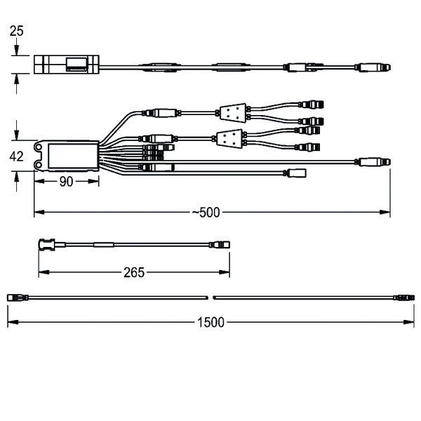 Maßzeichnung eines LED-Netzteils mit Verteilerkabeln, Maße in Millimeter, Gesamtlänge circa 500, Gehäuseabmessungen 90 mal 42 Millimeter.