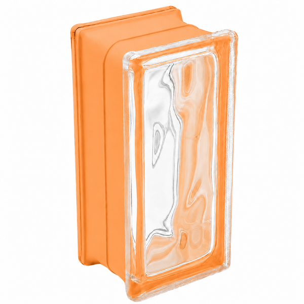 Rechteckiger Glasbaustein in Orange mit wellenförmiger Struktur für den Bau von lichtdurchlässigen Trennwänden.