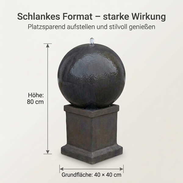 Steinbrunnen in Kugelform auf quadratischem Sockel, Höhe 80 Zentimeter, Grundfläche 40 mal 40 Zentimeter, für Garten und Terrasse.