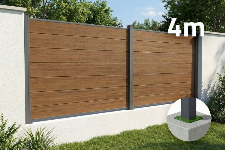Moderner Sichtschutzzaun in Holzoptik mit horizontalen Lamellen und anthrazitfarbenen Metallpfosten, Länge 4 Meter, mit Detail der Pfostenbefestigung.