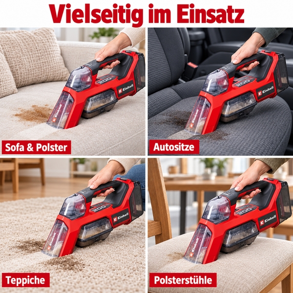Einhell Akku Textilreiniger beim Reinigen von Sofa, Autositz, Teppich und Polsterstuhl als vielseitiges Reinigungsgerät.