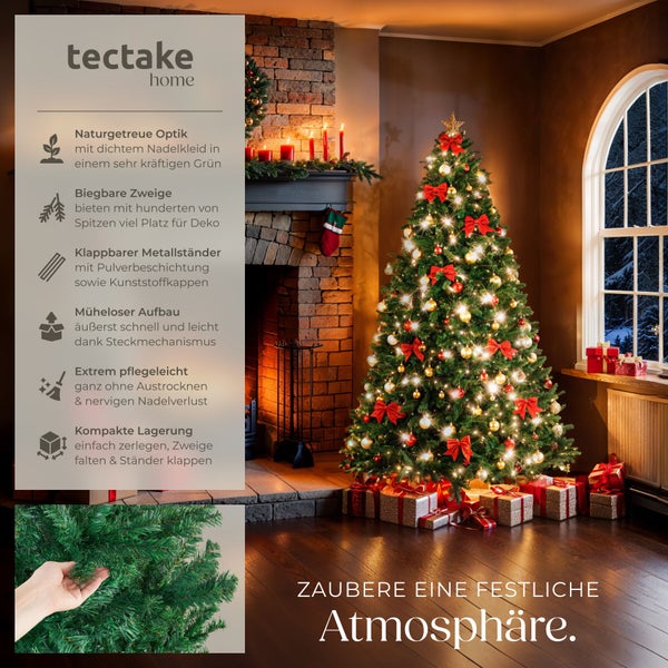 Tectake Home künstlicher Weihnachtsbaum mit geschmücktem Tannenbaum im Wohnzimmer vor einem Kamin.