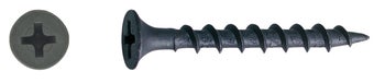 Eine Schnellbauschraube mit Trompetenkopf und Kreuzschlitzantrieb, Seitenansicht und Draufsicht auf den Kopf.
