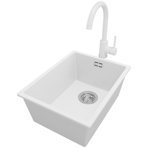 PRIMAGRAN Granitspüle Weiß 36x47cm, Spülbecken 1 Becken + Küchenarmatur 32x20cm + Ablauf-Set, Küchenspüle ab 40er Unterschrank - London Slim