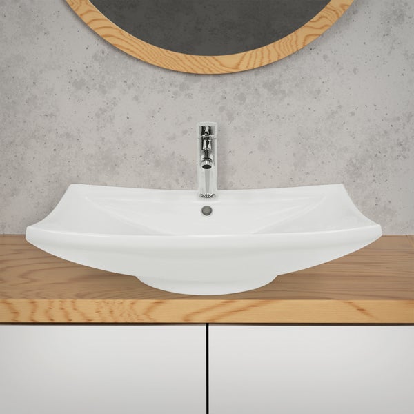 ECD Germany Waschbecken Waschtisch 605 x 460 x 165 mm aus Keramik Weiß Aufsatzbecken Aufsatzwaschbecken Handwaschbecken Aufsatzwaschtisch Spülbecken Becken Wasserfall Waschschale Waschschüssel