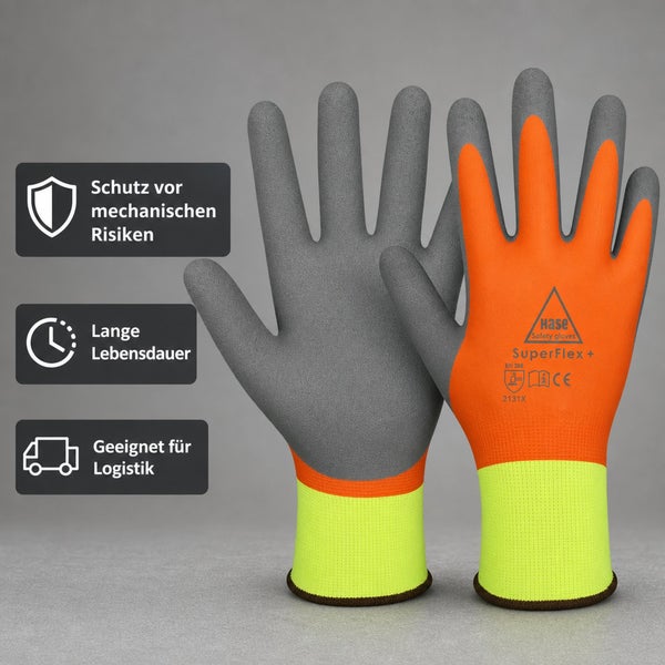 Hase SuperFlex Plus Arbeitshandschuhe mit mechanischem Schutz, langer Lebensdauer und Eignung für Logistikarbeiten.