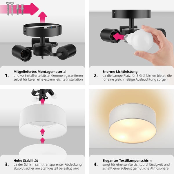 Anleitung zur Installation einer Deckenleuchte mit drei Lampen