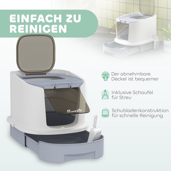PawHut Katzentoilette mit herausziehbarer Schublade, Schaufel und abnehmbarem Deckel für eine einfache Reinigung. PawHut Logo.