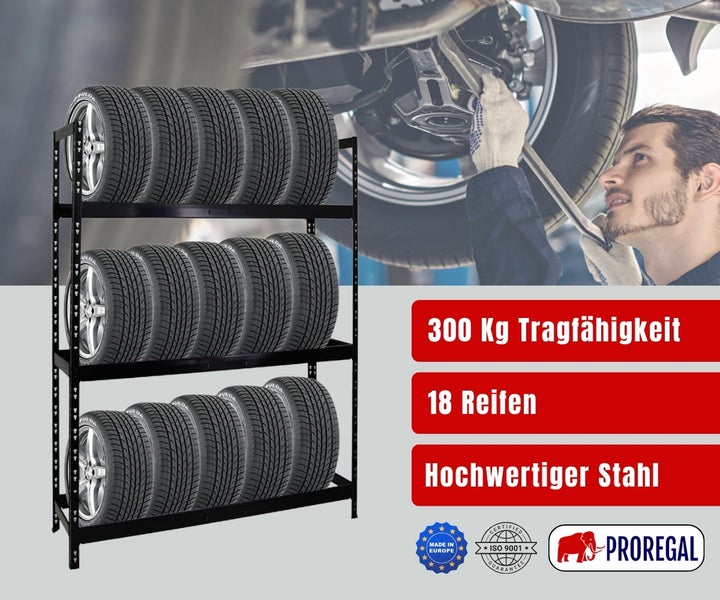 Reifenregal aus Stahl für achtzehn Reifen, Tragfähigkeit dreihundert Kilogramm, Proregal Logo, hergestellt in Europa, ISO neuntausendeins zertifiziert.