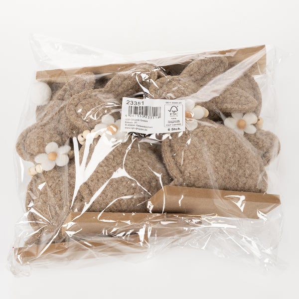 Verpackung mit sechs Dekohasen mit Blumen und Holzkugeln