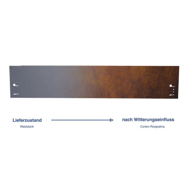 Corten steel sheet, showing the change in appearance from delivery condition to weathered Corten patina