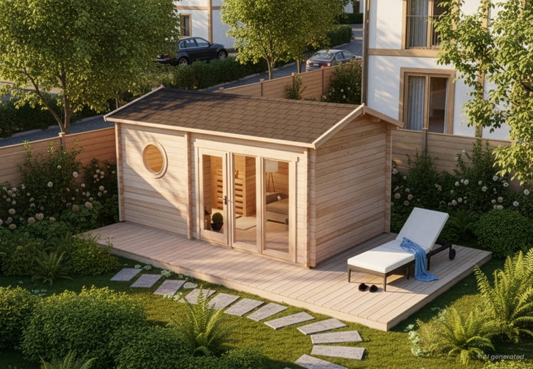Gartenhaus aus Holz mit Terrasse, Doppeltür und rundem Fenster, aufgestellt in einem privaten Garten mit Liege.