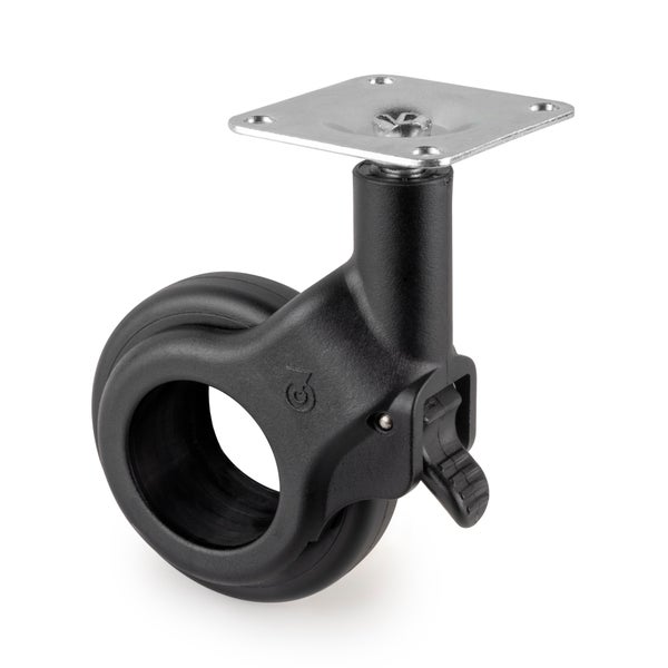 Schwarze Möbel-Lenkrolle aus Kunststoff mit Feststellbremse und Anschraubplatte aus Metall.