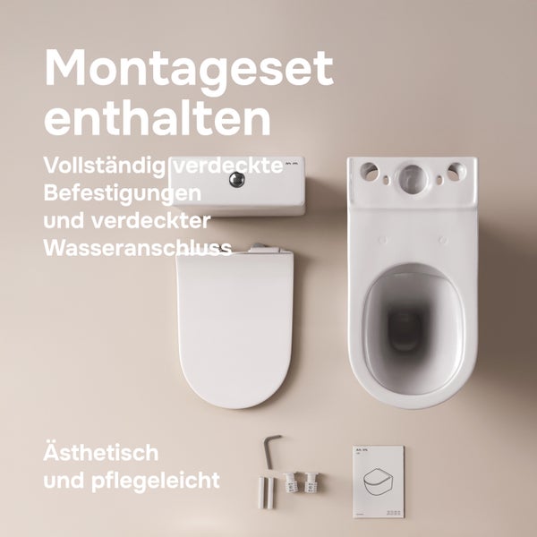 Wand-WC Set von AM.PM mit Keramik-Tiefspülbecken, WC-Sitz, Befestigungsmaterial und Montageanleitung für verdeckte Installation.