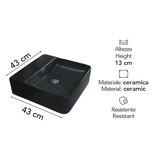 Quadratisches Aufsatzwaschbecken aus schwarzer Keramik, Maße 43 mal 43 Zentimeter, Höhe 13 Zentimeter, widerstandsfähig.