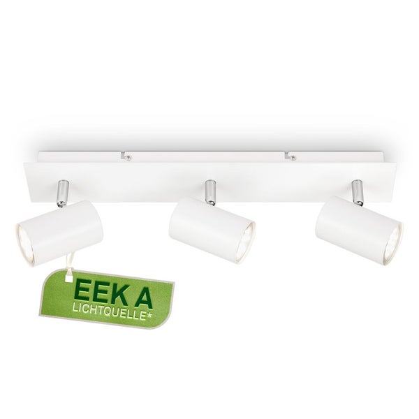 Deckenleuchte mit drei Strahlern und dem Energieeffizienzklassen-Symbol A.