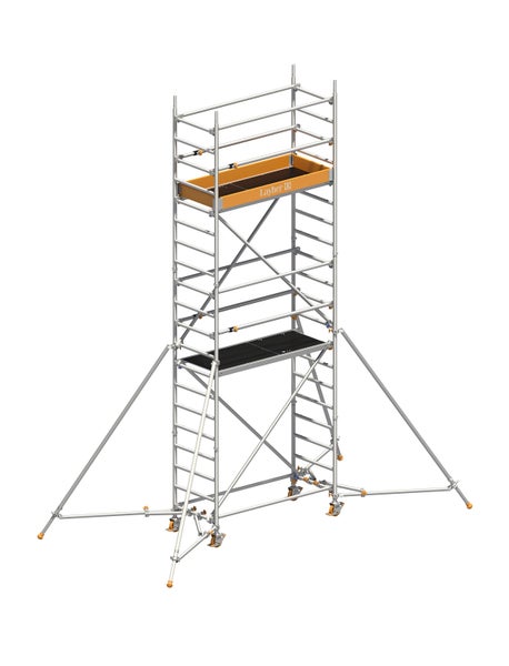 Layher Logo Fahrgerüst mit Arbeitsbühne und Werkzeugablage