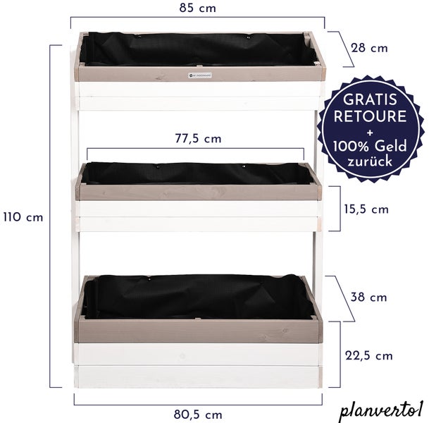WONDERMAKE® Großes Design Vertikalbeet mit 3 Etagen aus Holz für Outdoor Balkon Garten Wand stehend, Hochbeet vertikal XL Kästen Cube für Kräuter Erdbeeren Blumen, 85x38x110 cm, weiß grau anthrazit