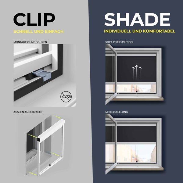 CLIP'N'SHADE Grau - Aussenrollo gegen Hitze, Jalousie, Sichtschutz und Abdunkelung für Fenster, Hitzeschutz Rollo ohne Bohren (Breite: 110 cm, Höhe: 91-140 cm, Blickdicht)