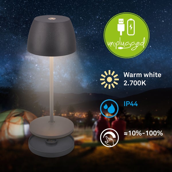 Kabellose Tischleuchte für außen mit warmweißem Licht, 2700 Kelvin, Schutzart IP44, dimmbar von 10 bis 100 Prozent und integriertem Akku.