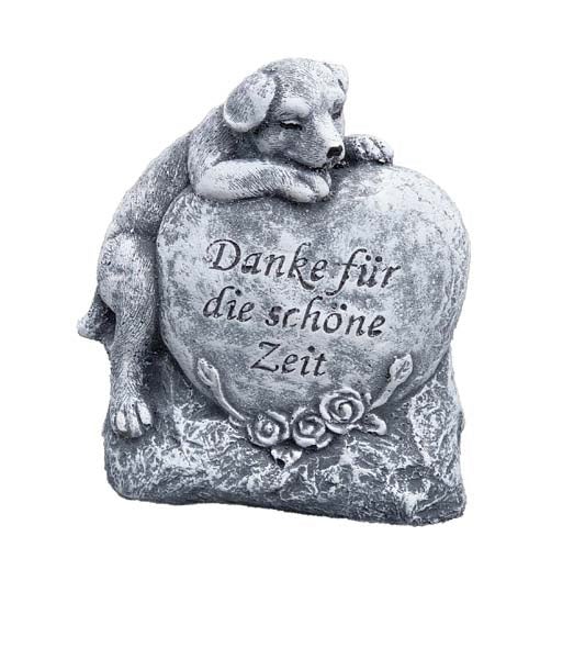 Grabschmuck in Form eines Herzens mit Hundefigur und der Inschrift Danke für die schöne Zeit aus Steinoptik.