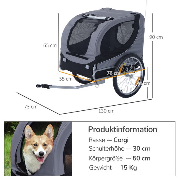 PawHut Fahrradanhänger, L130 x B73 x H90 cm, 600D Oxford, Stahlrohr, Grau+Schwarz