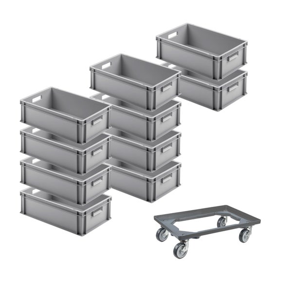 PROREGAL SparSet 10 x Eurobehälter Mit Offenem Griff und 1 x Transportroller Grau HxBxT 17,5 x 40 x 60 cm 30 Liter Eurobox Transportbox