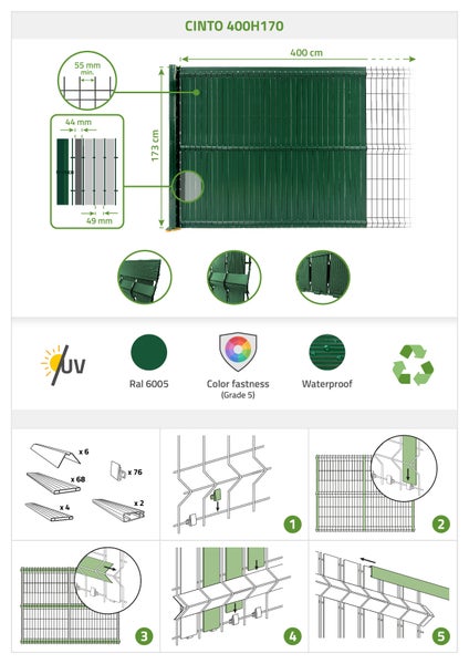 PVC-Sichtschutzlamellen-Set 4m CINTO H.170cm Grün