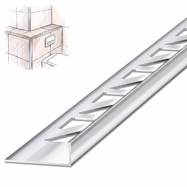 Fliesenabschlussschiene aus Metall fuer saubere Kanten an Fliesen mit Anwendungsbeispiel zur Montage an einer Vorwandinstallation.