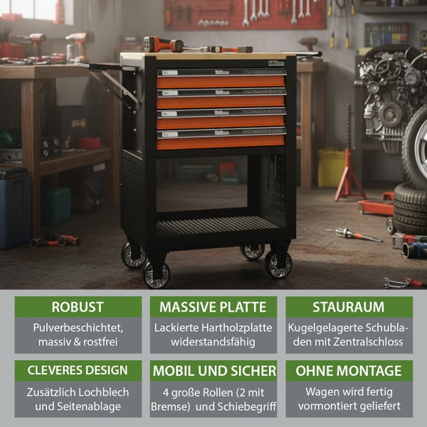 Werkstattwagen mit Schubladen, Ablagefläche und Rollen in einer Werkstatt