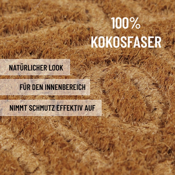 Detailaufnahme einer Fußmatte aus 100 Prozent Kokosfaser mit natürlichem Look für den Innenbereich, die Schmutz effektiv aufnimmt.