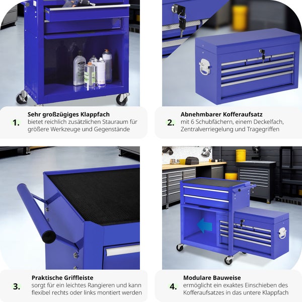 Werkzeugwagen tectake  Rollen Ø 100 mm 8 kugelgelagerte Schubladen mit Antirutschmatten blau