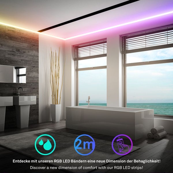 RGB LED Streifen 2 Meter für das Badezimmer, smart steuerbar und feuchtigkeitsgeschützt, in modernem Bad mit Badewanne installiert.
