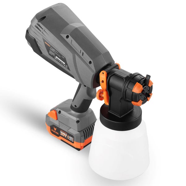 Akku-Farbsprühsystem Fuxtec 20 Volt in Grau und Orange mit weißem Farbbehälter und verstellbarer Düse.