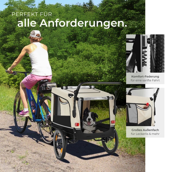 Fahrradanhänger für Hunde mit Federung und Aussenfach für Futter