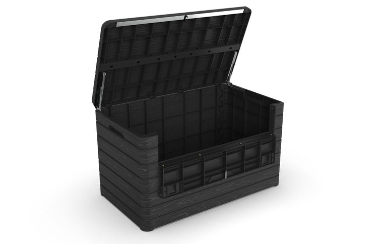Geöffnete schwarze Aufbewahrungsbox mit Holzoptik