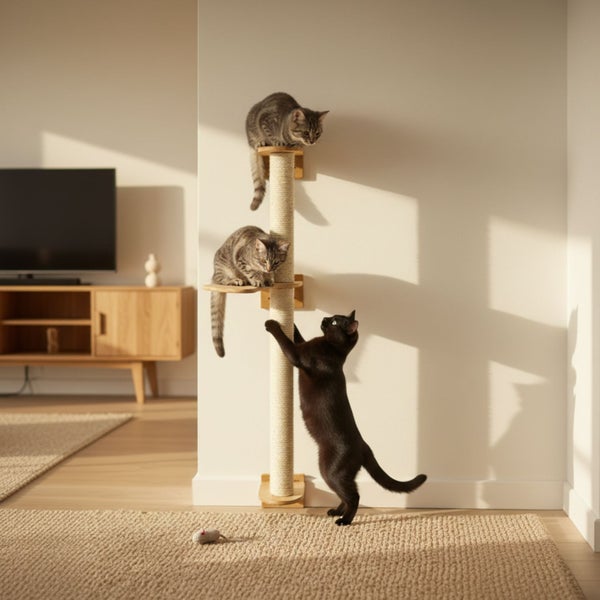 Wandkratzbaum mit Sisalstamm und zwei Liegeebenen an einer Wand montiert, wobei drei Katzen auf und an dem Kratzmöbel spielen.