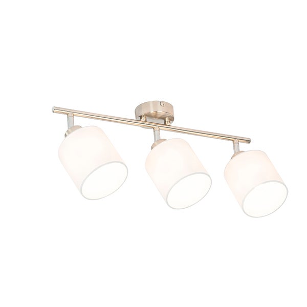 Dreiflammiger Deckenstrahler aus Metall mit zylinderförmigen Glasschirmen in Weiß.